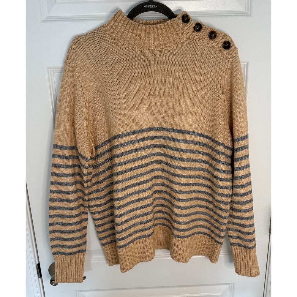 St. John’s Bay Large Striped Sweater Women’s Tan Knit Pullover Button Shoulder